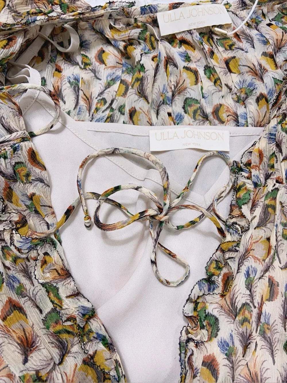 NWT $520 Ulla Johnson Robbie Feather-Print Silk Tie-Front Blouse